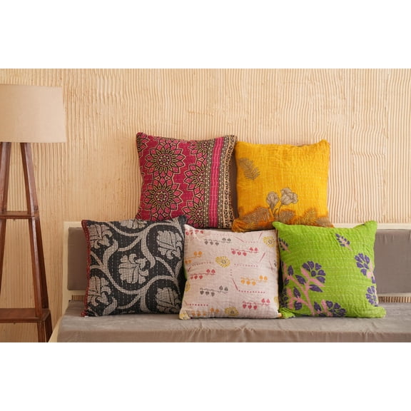 5 PC's Handmade Cotton Vintage Kantha Cushion Covers Boho 1970's Reversible Decorative Pilow Shams 16"x16" inches