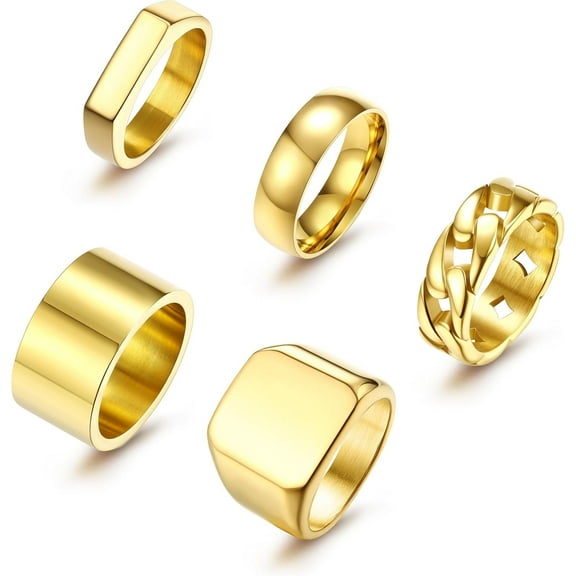 5 PCS 14K Gold Plated Rings for Men Mens Gold Ring Mens Stainless Steel Rings Square Signet Rings Pinky Thumb Ring Chunky Thick Band Cuban Link Chain Ring Cool Finger Ring Wedding Band Ring for Men