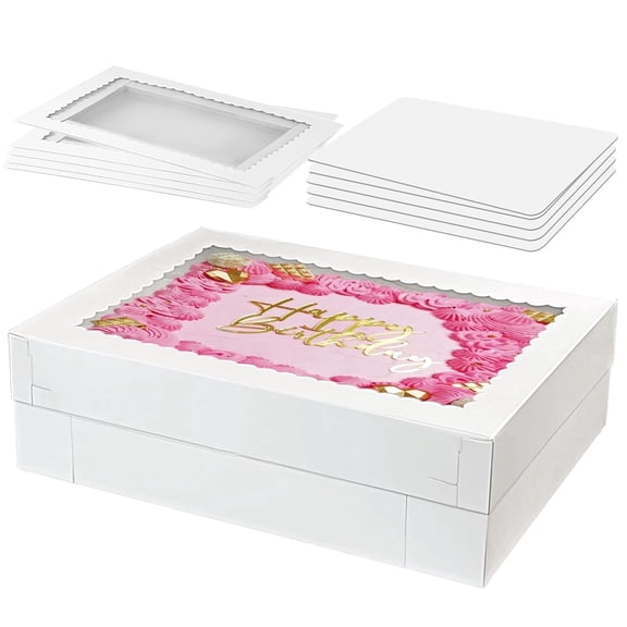 Livease 5pc 19x14x4 White Large Cake Boxes & Boards, White Sheet Rectangle Bakery Boxes with Window