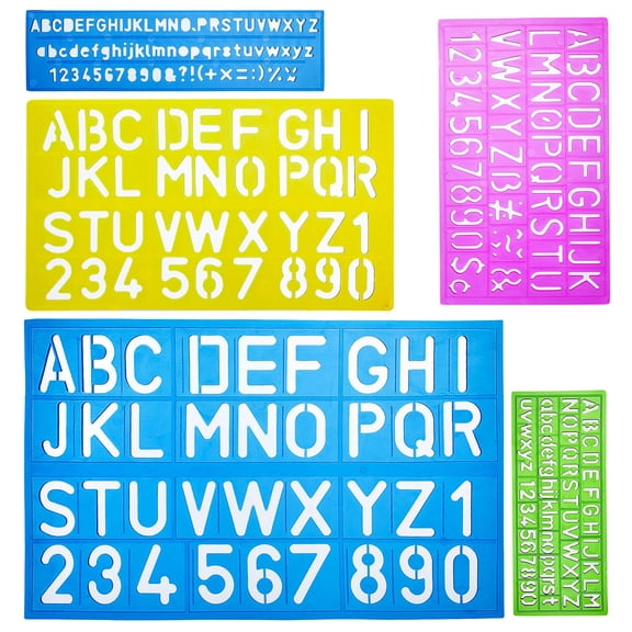5 PCS Alphabet Number Symbol Templates, Reusable Plastic Stenciling Guide with A-Z, a-z, 0-9, Punctuation, Raised Ribs Design for Painting, Signage, Journaling, Scrapbooking, DIY Crafts