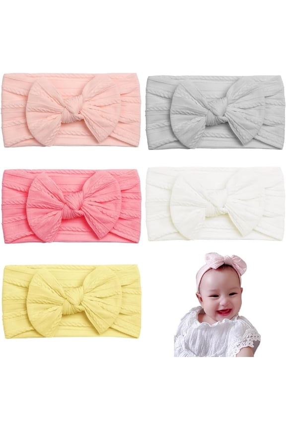 5 PCS Baby Girl Headbands Newborn Baby Headbands Baby Bow Headband Stretchy Soft for Newborn Baby Toddlers Nylon Hair Band with five Colors Great for Baby