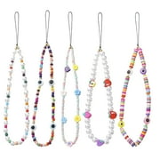 AUTRUCKER 5 PCS Beaded Phone Lanyard Wrist Strap Face Beaded Phone Charm Fruit Star Pearl Rainbow Color Beaded Phone Chain Strap for Women Girls