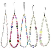 5 PCS Beaded Phone Lanyard Wrist Strap Face Beaded Phone Charm Fruit Star Pearl Rainbow Color Beaded Phone Chain Strap for Women Girls