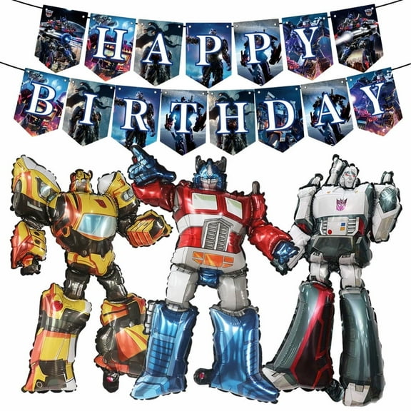 5 PCS Birthday Party Balloons Birthday Banner Transformer Balloons Bumble Bee Balloons Optimus Balloons Megatron Balloons Robot Them Party Balloons