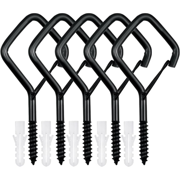 5 PCS Black Eye Screw Hooks, 4 Inch Ceiling Hooks for Hanging Heavy Duty Items with Safety Buckle Metal Bolt Plants, Wind Chimes, Bird Feeders, String Lights, and More