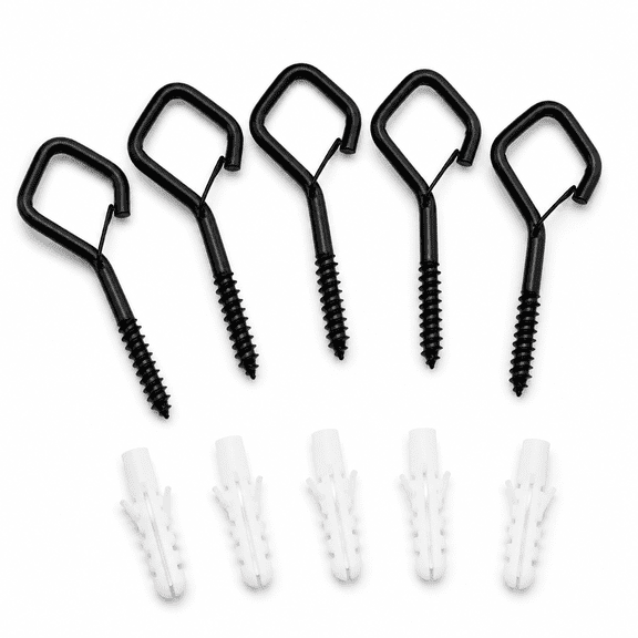 5 PCS Black Eye Screw Hooks, 4 Inch Ceiling Hooks for Hanging Heavy Duty Items with Safety Buckle – Metal Eye Bolt Hooks for Hanging Plants, Wind Chimes, Bird Feeders, String Lights, and More
