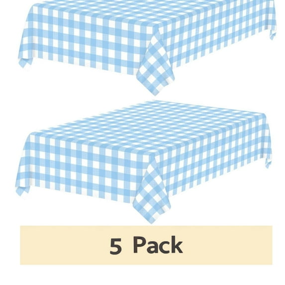 5 PCS Picnic Tablecloth, Blue Plastic Table Cloths for Parties Disposable, 54 x 108 inch Waterproof Rectangular Blue Gingham Camping Tablecloth for Birthday, Party, Picnic