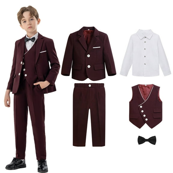 5 PCS Boys' Formal Dresswear Suits Set Gentlemen Wedding Ring Bearer Outfits Blazer Dress Shirts Pants Vest Bowtie 3 Years, Wine