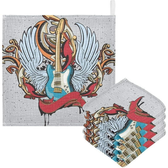 5 PCS Cartoon Winged Guitar Baby Muslin Washcloths, Colorful Musical Soft Absorbent Face Towel Burp Cloths Cotton Bath Wipes Infant Wash Cloth for Newborn Boys Girls