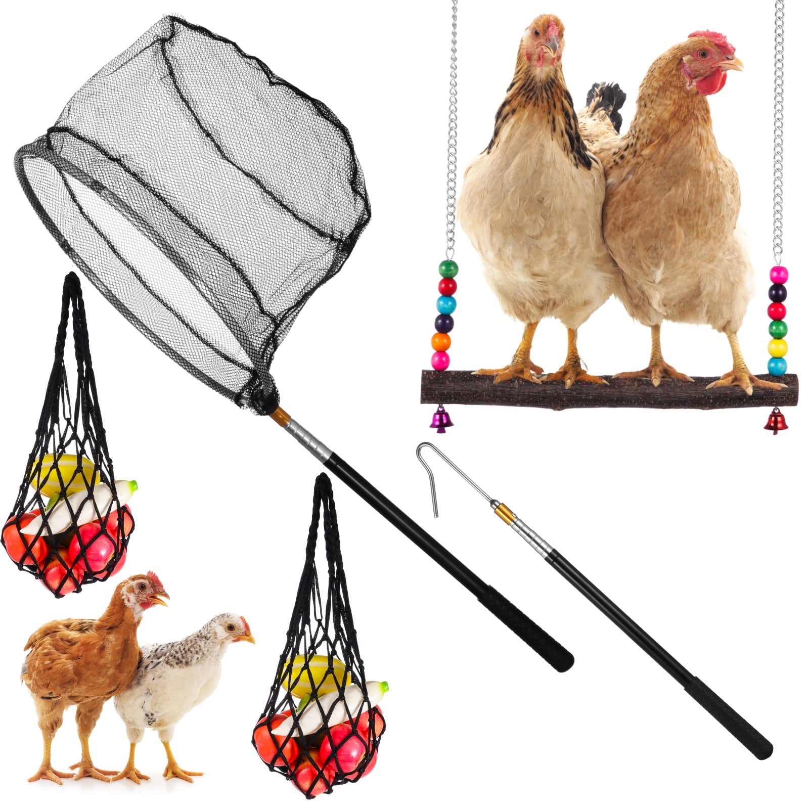 5 PCS Chicken Net Catcher Set, Poultry Catching Net, Retractable Chicken Catcher Farm Tools, Includes 2 Extendable Rods, Net, Hook, 2 Treat Bags, Natural Wood Swing Toy for Chicken