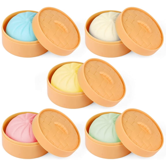 5 PCS Colorful Dumpling Stress Balls Fidget Sensory Toy,Squeeze Dough Ball Stress Relief Hand Toy,Bun with Food Steamer Stretchy Desk Toys