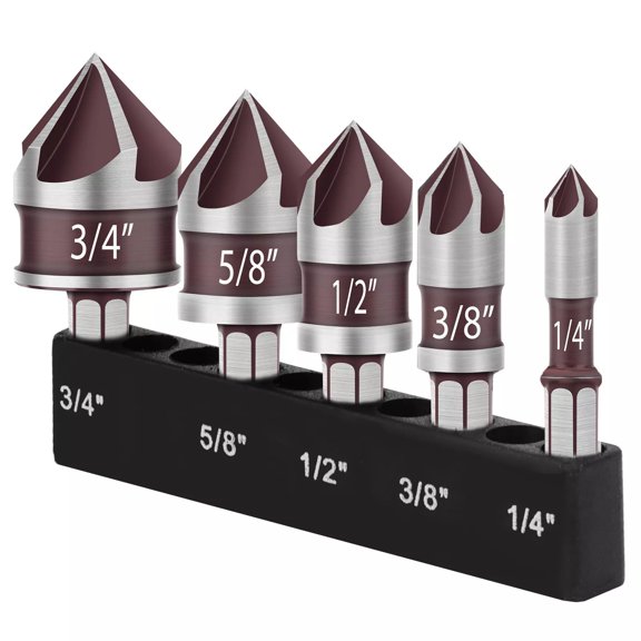 5 PCS Countersink Drill Bit Set, #5, #6, #8, #10, #12, High-Speed Steel Counter Sink Drill Bit Adjustable for US Wood Screw, Depth Adjustable, 82-Degree Chamfer, 1/4" Hex Shank