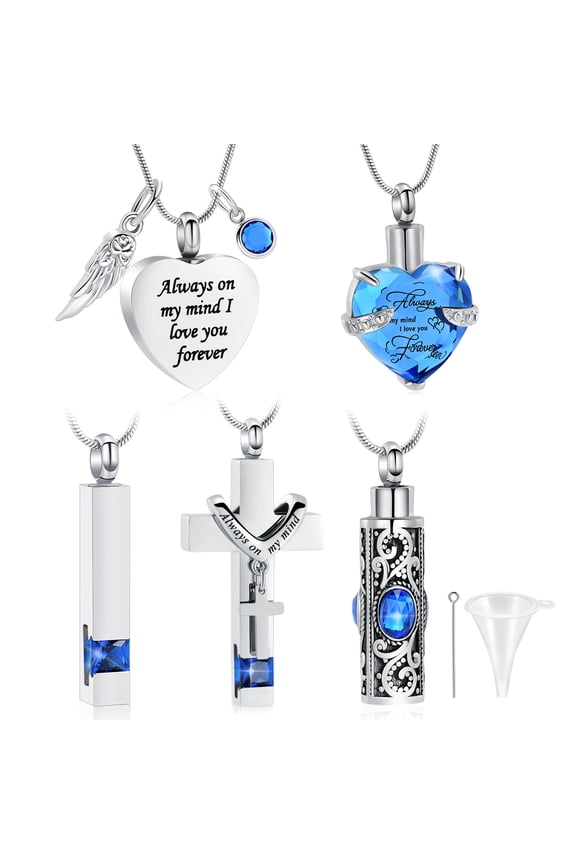 5 PCS Cremation Jewelry for Ashes - Birthstone Urn Necklace for Ashes Heart / Bar / Cross Cremation Necklace with Crystal Memorial Pendant Necklace for Women Men