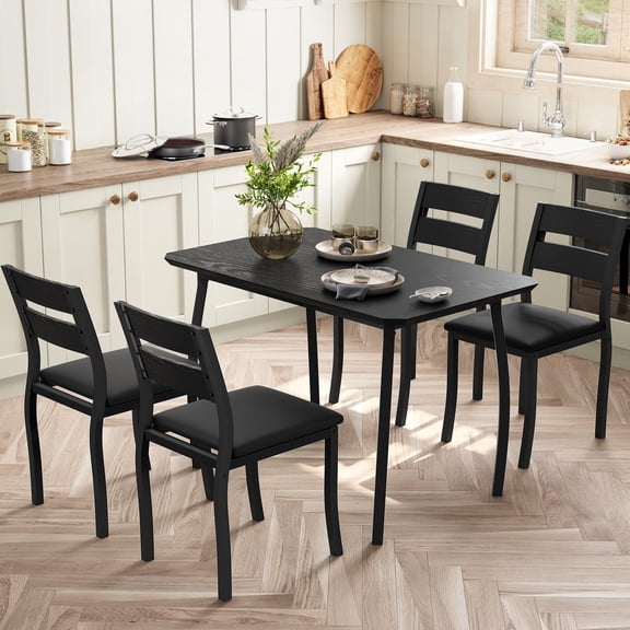 5 PCS Dining Set Wood Metal 30" Table & 4 Wooden Seat Chairs, Modern Angled Corner Design, Compact Dinner Set for Small Spaces, Apartment, Black
