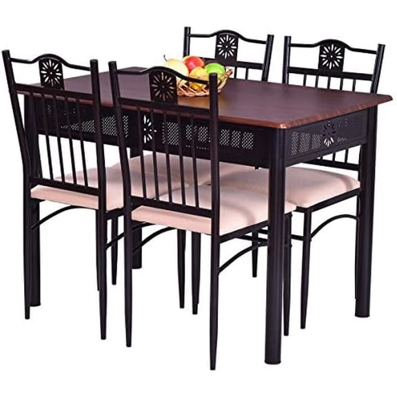5 PCS Dining Table and Chairs Set Vintage Retro Wood Top Metal Frame Padded Seat Dining Table Set Home Kitchen Dining Room Furniture$$Furniture