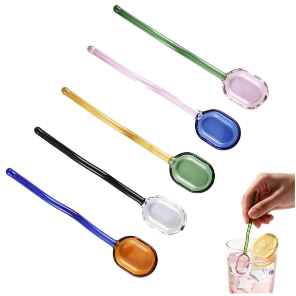 5 PCS Glass Spoons Set, 6.2 in Coffee Teaspoons, Heat Resistant Stirring Spoon, Colored Glass Dessert Spoons with Wavy Handle for Tea Coffee Sugar Milk Yogurt Kitchen Bar