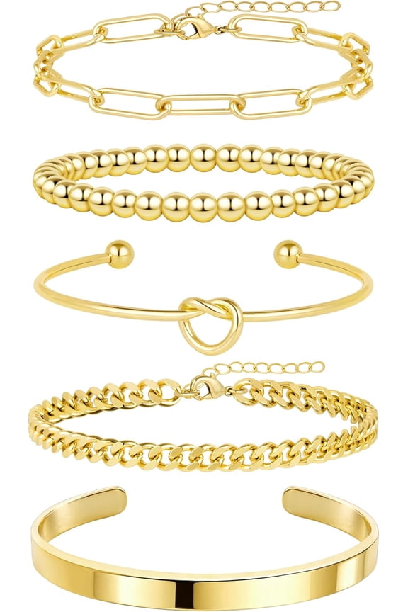 5 PCS Gold Bracelets for Women Non Tarnish, 14K Gold Plated Chunky Cuff Bracelet Gold Bangles Bracelet for Women Trendy Tie Knot Cuban Rope Paperclip Beaded Bracelet Stack Jewelry Gifts