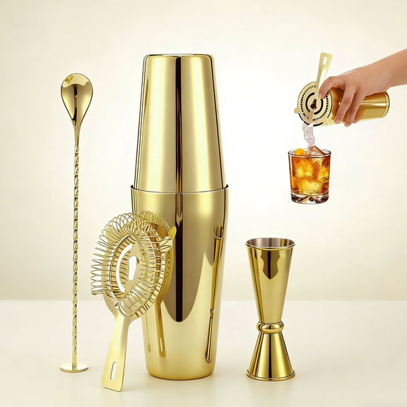 5 PCS Gold Cocktail Shaker, Boston Shaker Kit with 20oz 25oz Shaker Tins, Hawthorne Strainer, 1oz 0.5oz Double Jigger, Mixing Spoon, Stainless Steel Bar Set for Home Bartending Party Drinks