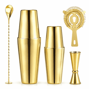5 PCS Gold Cocktail Shaker, Boston Shaker Kit with 20oz 25oz Shaker Tins, Hawthorne Strainer, 1oz 0.5oz Double Jigger, Mixing Spoon, Stainless Steel Bar Set