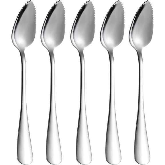 5 PCS Grapefruit Spoons, Stainless Steel Grapefruit Spoon Utensil Set, Serrated Edge & Thick Gauge Handle, Silver Kitchen Tool with Non-stick Plating for Kiwi, Dessert, Apple, Citrus Fruit