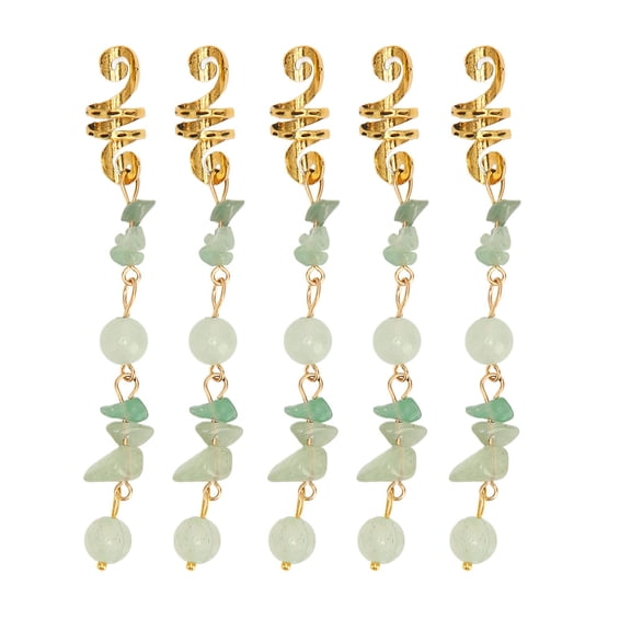 5 PCS Hair Jewelry, Hair Jewelry for Braids Accessories, Natural Crystal Stone Hair Braid Accessories, Gold Dreadlock Spirals Cuffs Rings for Women Girls Rave Festival Hairstyle Decoration, Green