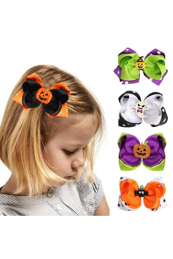 5 PCS Halloween Hair Bows, Pumpkin Spider Hair Clips, Orange Purple Grosgrain Ribbon Bows, Halloween Ghost Glitter Hair Accessories for Halloween Party Decoration Supplies