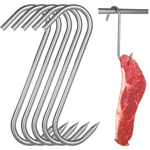 5 Pack Heavy Duty Stainless Steel Meat Hooks 10" Rustproof SHooks for Hanging Large Cuts of Deer, Beef, Pork, Grilling, Roasting & Butchering