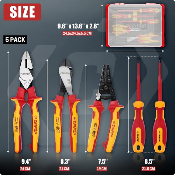 5 PCS Insulated Screwdriver & Pliers Set, 1000V Insulated Electrician Tool Kit with Phillips and Slotted Screwdrivers, Wire Stripper/Linesmen's/Diagonal Pliers and Storage Case