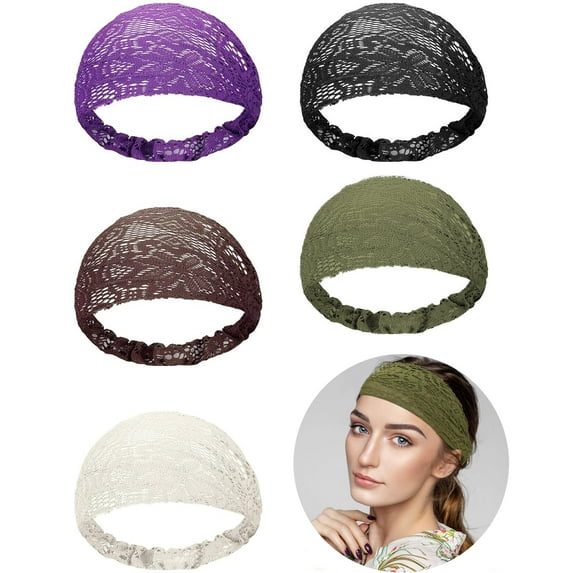 5 PCS Lace Elastic Headwrap Lace Elastic Headbands Boho Bandana Bohemian Headband Hair Accessories for Women Girls, Random Colors