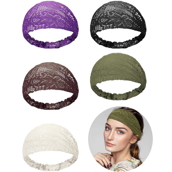 5 PCS Lace Elastic Headwrap Lace Elastic Headbands Boho Bandana Bohemian Headband Hair Accessories for Women Girls, Random Colors