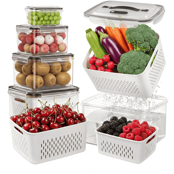 5 PCS Fruit Storage Containers for Fridge with Handle, Leakproof Produce Containers for Fridge with Removable Colander, All-In-One Fruit Containers Stainers Berry, Fruits, Vegetables, Salad, Lettuce