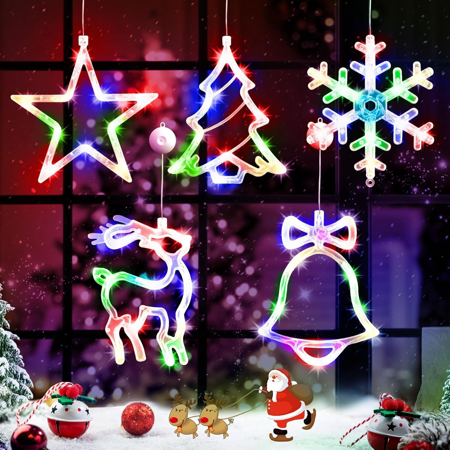 5 PCS Lighted Christmas Window Decorations,LED Bell Tree Reindeer ...