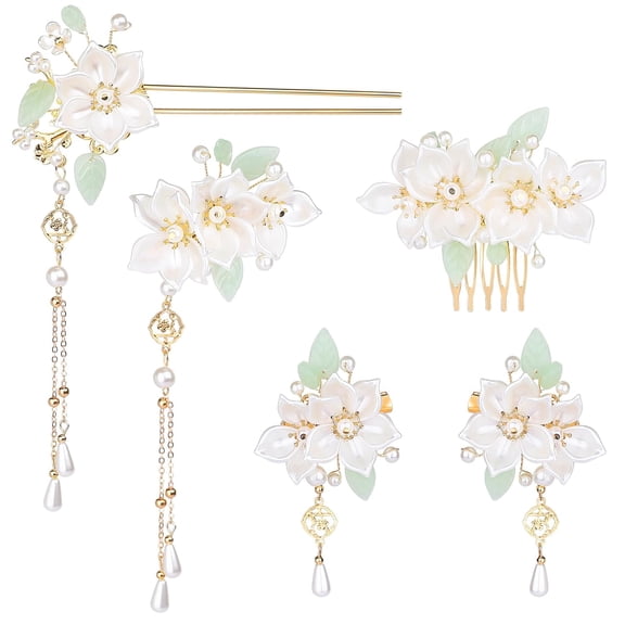 5 PCS Lily Flower Tassels Hairpin Set, Rhinestone Pearl Flower Wedding Hair Styling Pins Vintage Chinese Hanfu Traditional Bride Hair Making Headpiece Accessories Party Favor for Women Girls