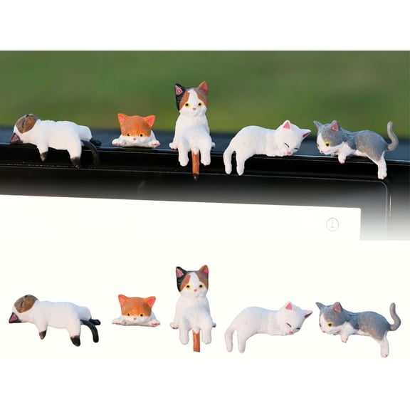 5 PCS Mini Cat Figurines for Desk & Monitor, Cute Resin Tiny Cats Desk Decor, Computer Monitor Accessories, Car Dashboard Ornaments