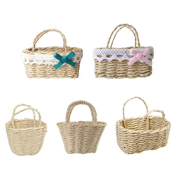 5 Pcs Handwoven Super Mini Raffia Baskets - Handcrafted Mini Weaving Basket | Natural Straw Decor with Lace Trim, Wedding Favors & Home Display Collection