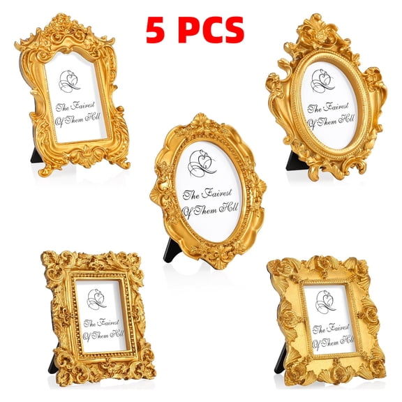5 PCS Mini Vintage Picture Frames With Stands Tiny Baroque Ornate Resin Oval Rectangle Frame Table Top Display Home Wedding Decor