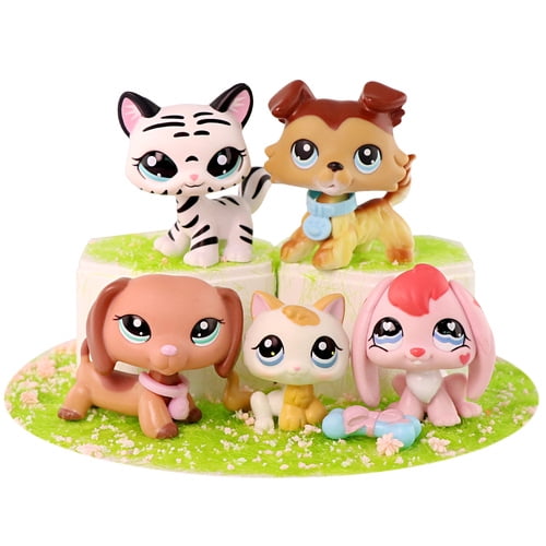 5 PCS Minilpsshop Little Figures Toys Mini Pets Collie Kitten Tiger Cat Dachshund Bunny Rabbit for lps Collection,with Accessories