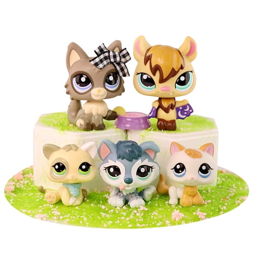 5 PCS Minilpsshop Little Figures Toys Mini Pets Kitten Cat Wolfcat Bat Husky Puppy with Accessories,Collectable lps Cat Dog