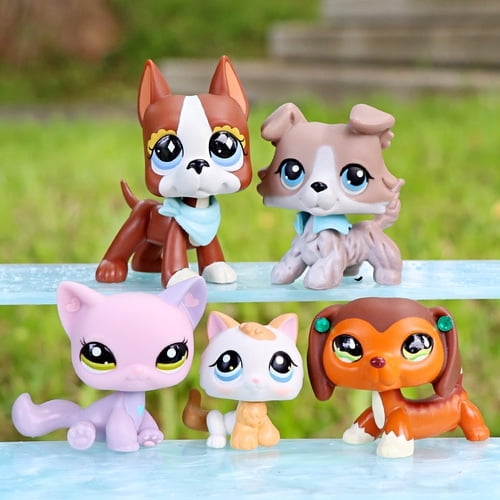 5 PCS Minilpsshop Mini Pets Figures Toys Collie Dachshund Kitten Great Dane Sitting Cat with Accessories,Collectible Cartoon Animal Figurines