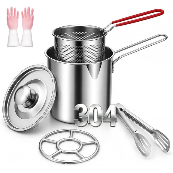 5 PCS Multifunctional 304 Stainless Steel Fryer with Basket and Lid,1 set | Personal Mini Deep Fryer Set, Heat Resistant Handle, Oil Strainer Pot for Fries Chicken Fish Shrimp Kitchen Camping