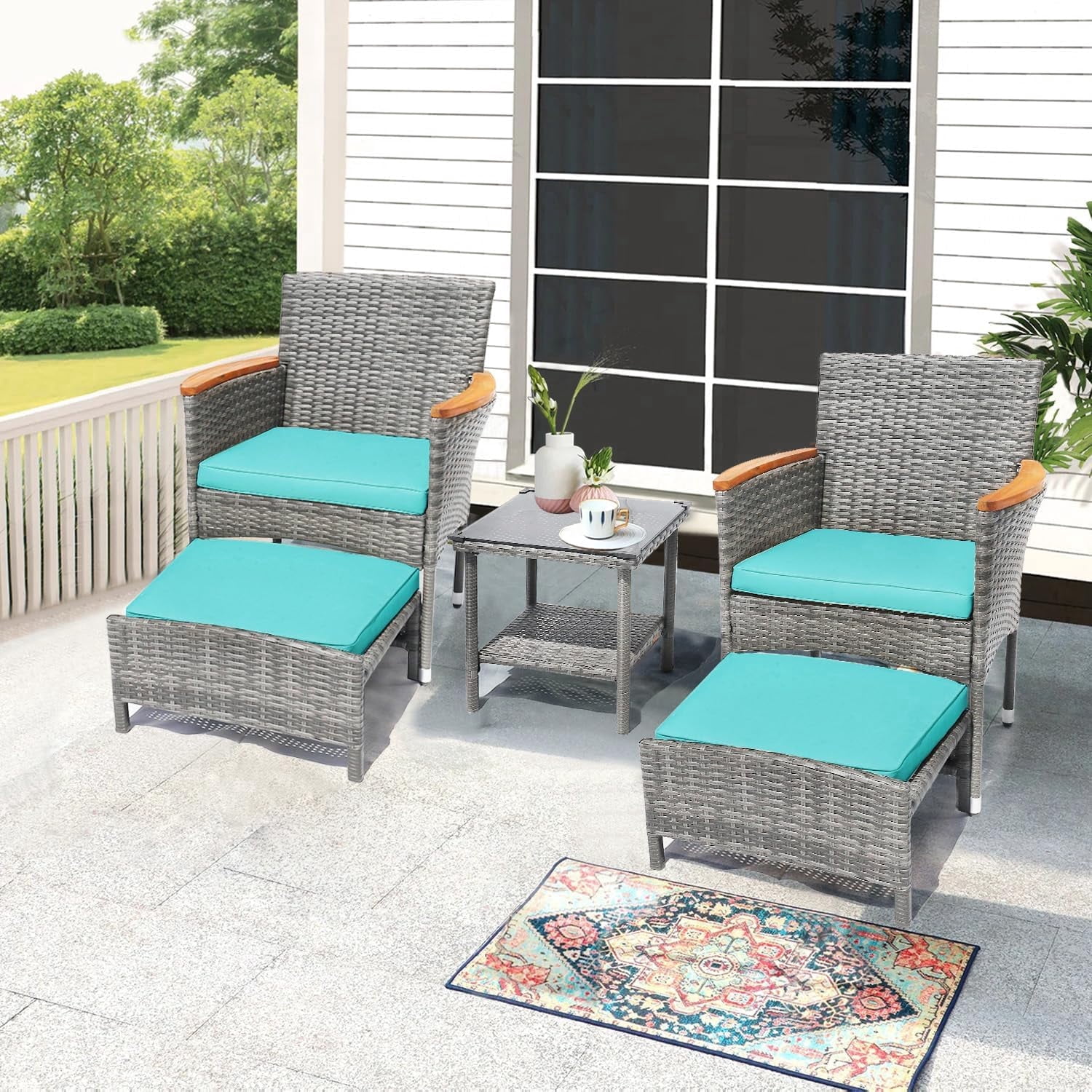 5 PCS Outdoor Patio Furniture Set with Table&Ottoman Outdoor Furniture Patio Set Bistro Wicker Patio Set (Gray Wicker&Green Cushion)