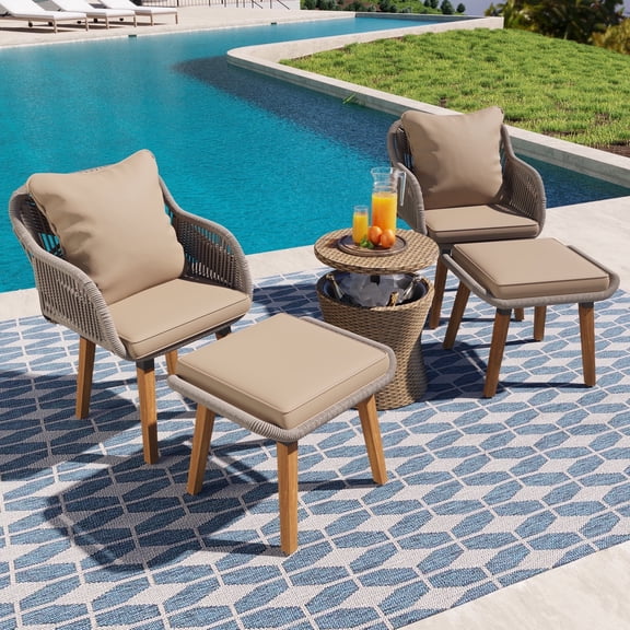 5 PCS Outdoor Rattan Furniture Set, Patio Lounge Chairs with Storage Ottoman Footrest, All Weather Cushioned Outside Sectional Furniture Set for Backyard, Deck, Balcony, GE033