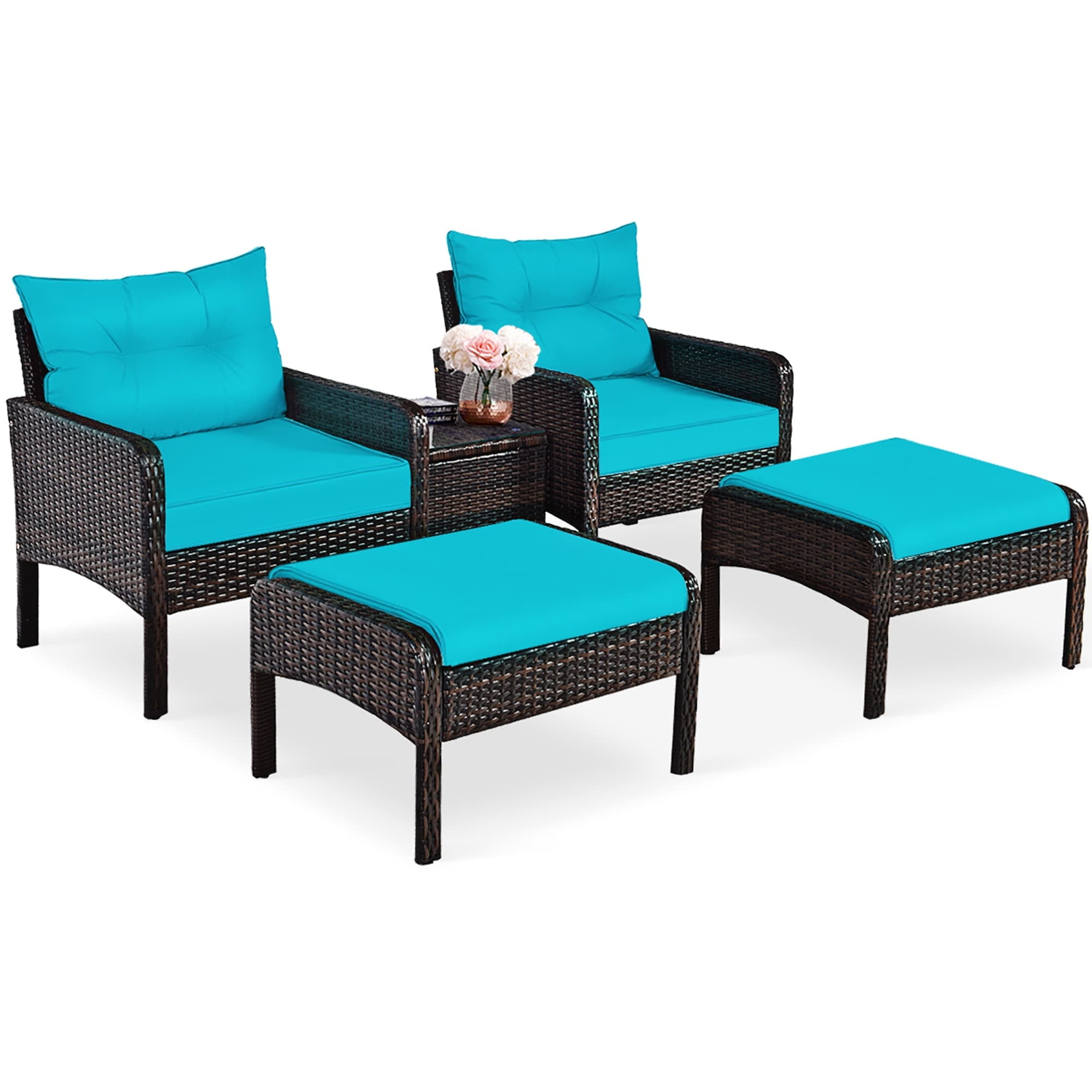 Turquoise 5-Piece Outdoor Rattan Conversation Set with Cushions