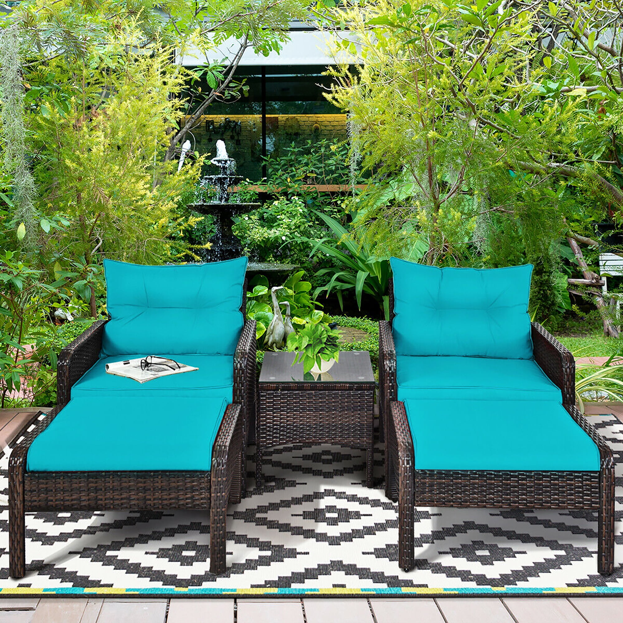 5 PCS outdoor Patio Rattan Furniture Sofa set with Cushioned Ottoman