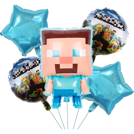 5 PCS Pixel Mining Balloons, Pixel Style Gamer Party Supplies Minecraft Balloons Birthday Party Balloons