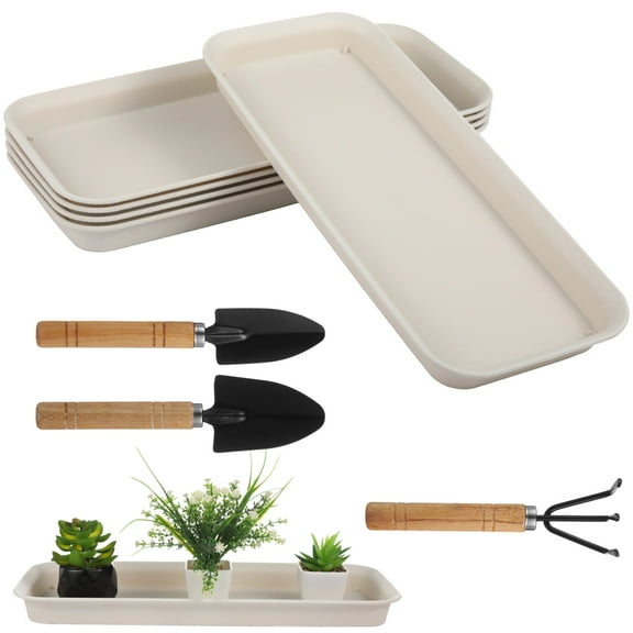 5 PCS Plastic Plant Drip Trays, 15.6 x 6.6 x 1.2 in Rectangular Plant Trays with 3 Garden Tools, Non-Slip Frosted Plastic Planter Saucer Tray for Indoor and Outdoor Pots, Beige
