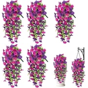 5 PCS Purplish-red Artificial Hanging Flowers for Outdoors, UV Resistant Morning Glory Flowers with Eucalyptus Leaves, Silk Fake Flower Realistic Faux Plants for Home Patio Porch Garden Decor
