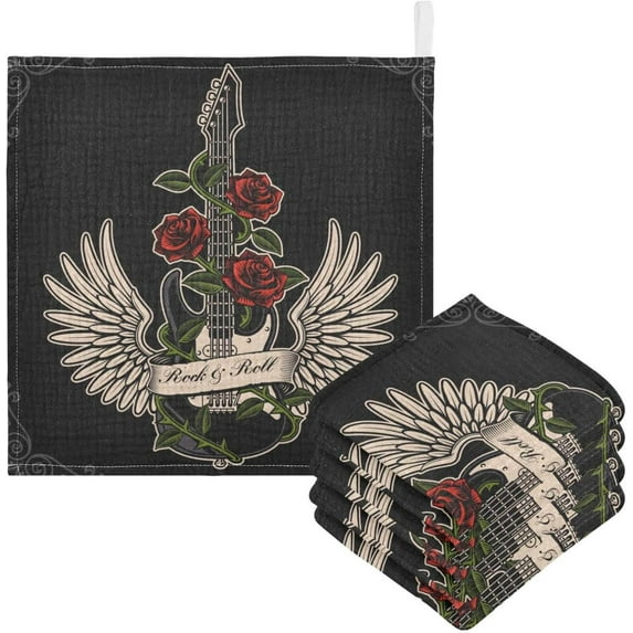 5 PCS Retro Guitar with Wings Baby Muslin Washcloths, Rock Roses Soft Absorbent Face Towel Burp Cloths Cotton Bath Wipes Infant Wash Cloth for Newborn Boys Girls