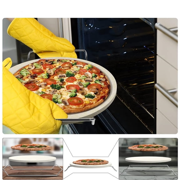 5 PCS Round Pizza Stone Set, 13" Pizza Stone for Oven and Grill with Pizza Peel ,Serving Rack, Pizza Cutter & 10pcs Cooking Paper for Free, Baking Stone for Pizza, Bread
