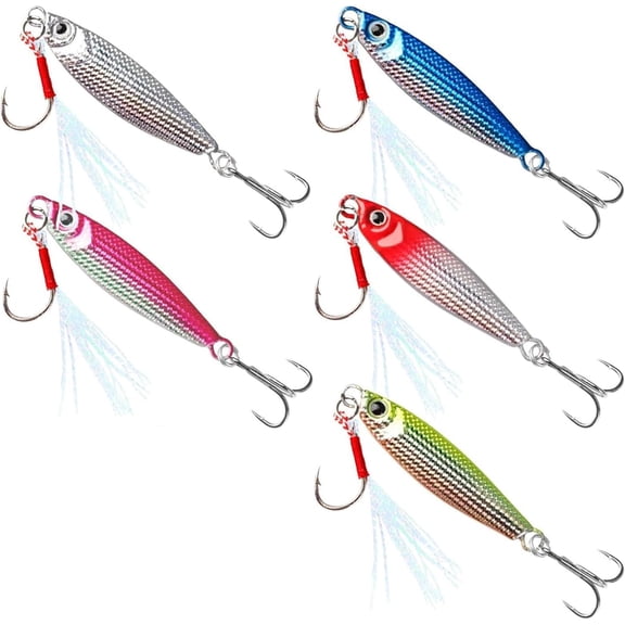 5 PCS Sea Fishing Lures Metal Jigs Spoons UK for Trout Mackerel Bass Cod Pike Spinners Fishing Bait Tackle Set with Treble Hooks Casting Spinners Metal Saltwater Jigs